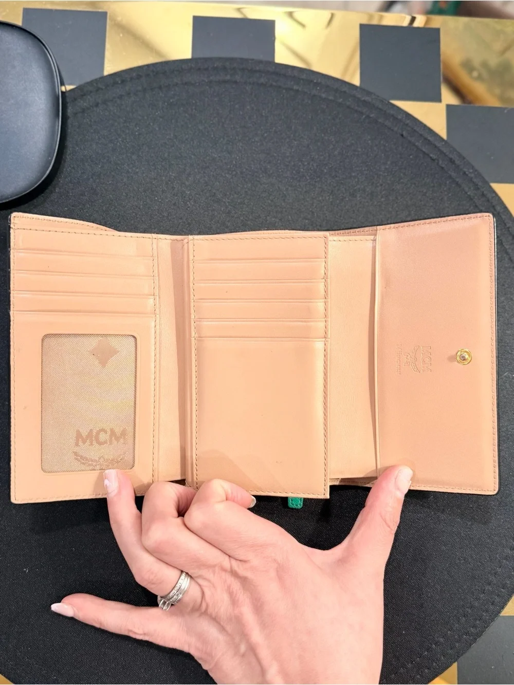 MCM Green Leather Trifold Wallet Gold Logo Card Holder & Coin Zippy pouch